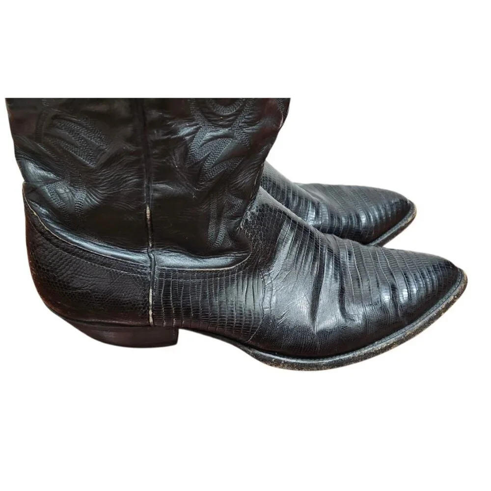 Vtg Larry Mahan Black Leather Cowboy Boots SIze 11 B, made in Texas